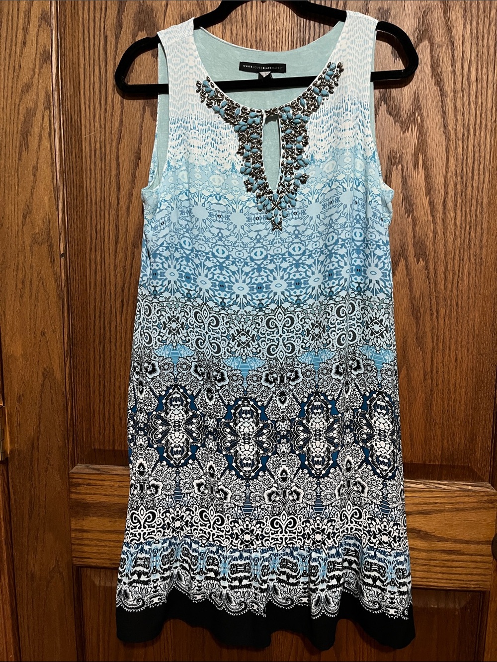 White House Black Market Light to Navy Blue Embellished Sleeveless Shift Dress